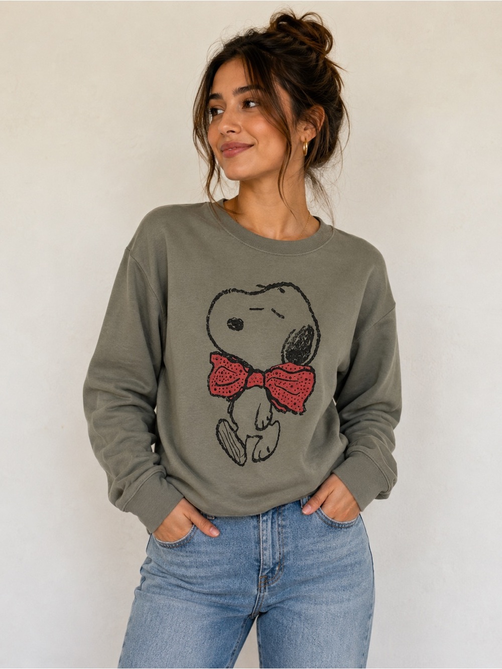 New Peanuts Snoopy Olive Green Sweatshirt with Red Bling Bow